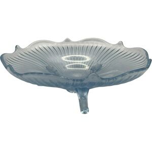 Vintage Signed Fenton Blue Stretch Glass Iridescent 3 Footed Bowl Dish Ruffled